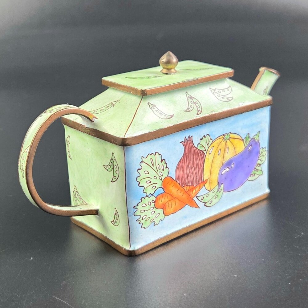 Miniature Enameled Teapot – Vegetables Design – 2 3/4" Tall